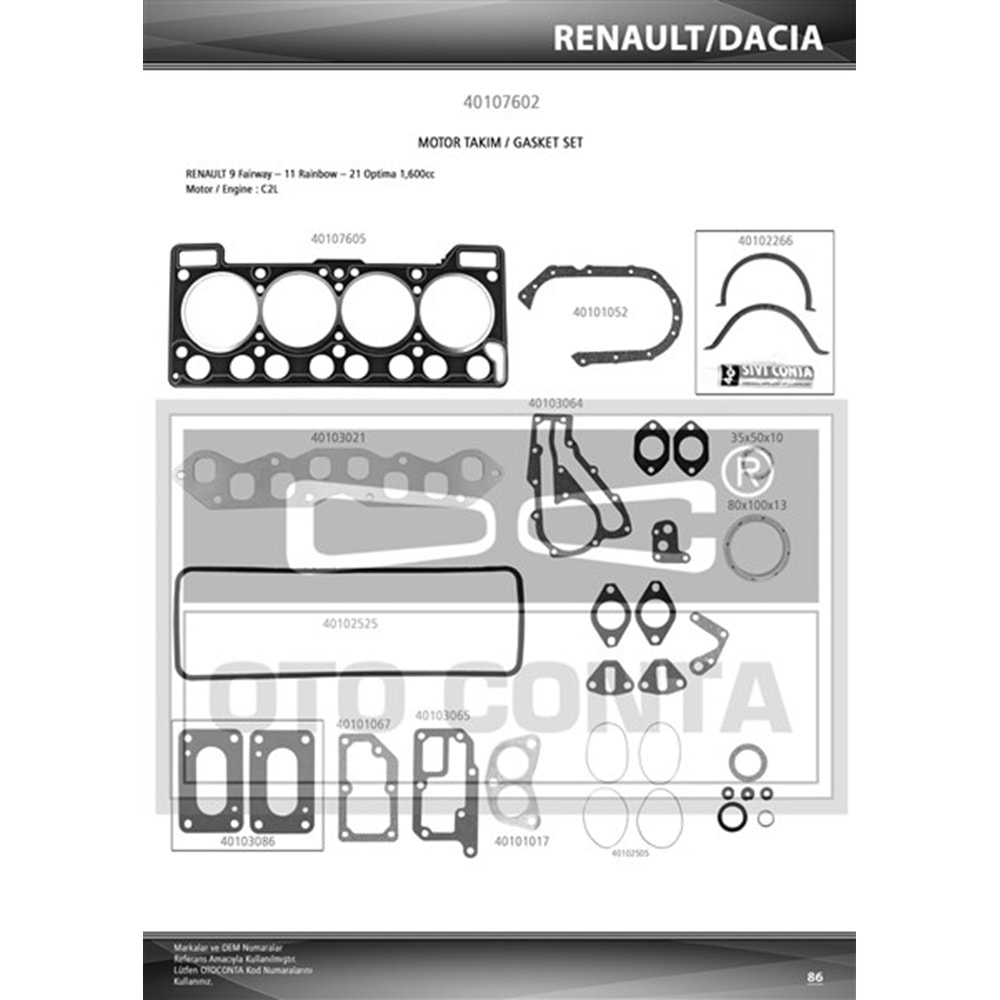 MOTOR TAKIM CONTASI R9 1.6 FAIRWAY OPTIMA (KECELI+SUBAP LASTIKLI)