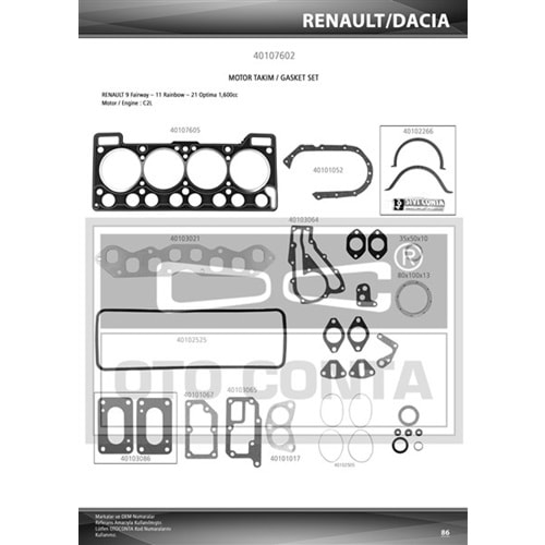 MOTOR TAKIM CONTASI R9 1.6 FAIRWAY OPTIMA (KECELI+SUBAP LASTIKLI)