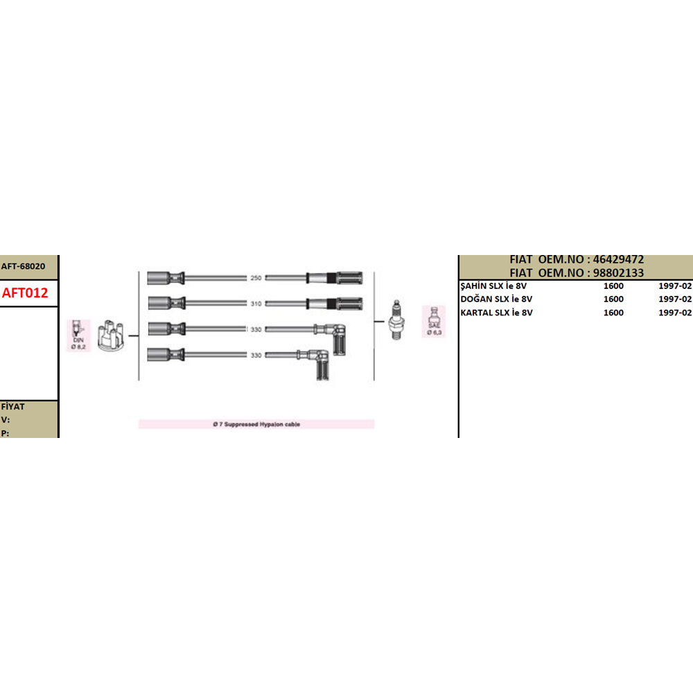 BUJI KABLO TAKIMI SLX DOGAN SAHIN KARTAL 1.6 IE 8V ENJEKSIYONLU